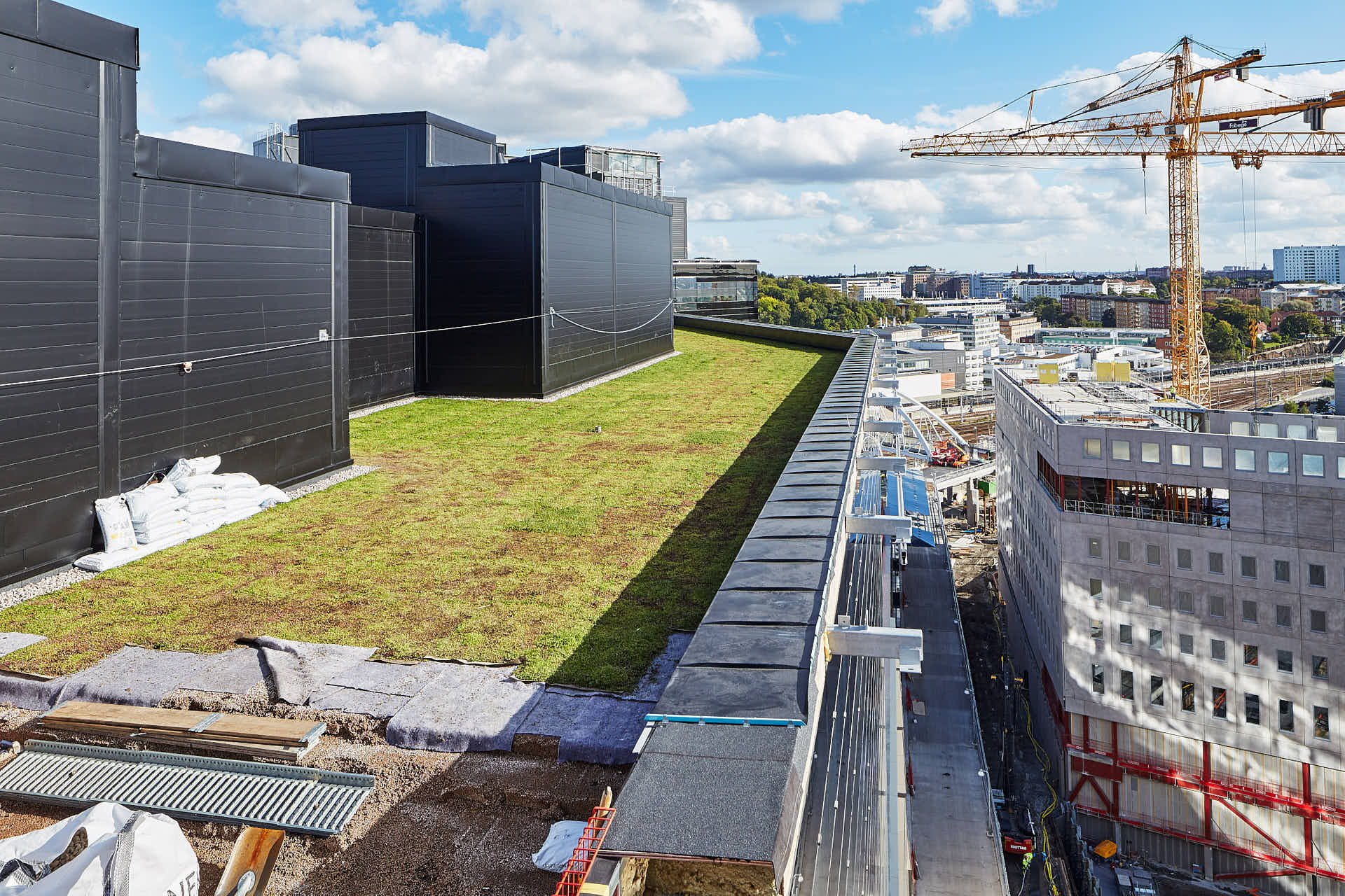 Fabege, Teliahuset i Solna får sitt sedumtak lagt, de svarta överbyggnaderna är flaktrum. Foto Martin Ekwall